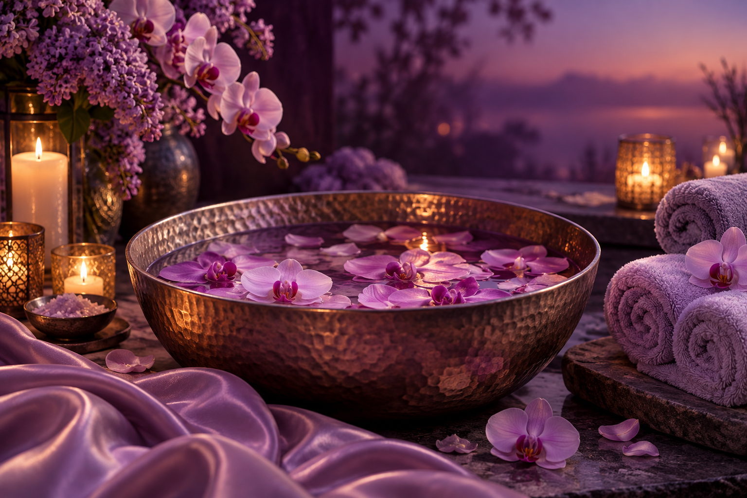 Illustrative evening spa still life with a petal pedicure bowl, lilac towels, and candlelight