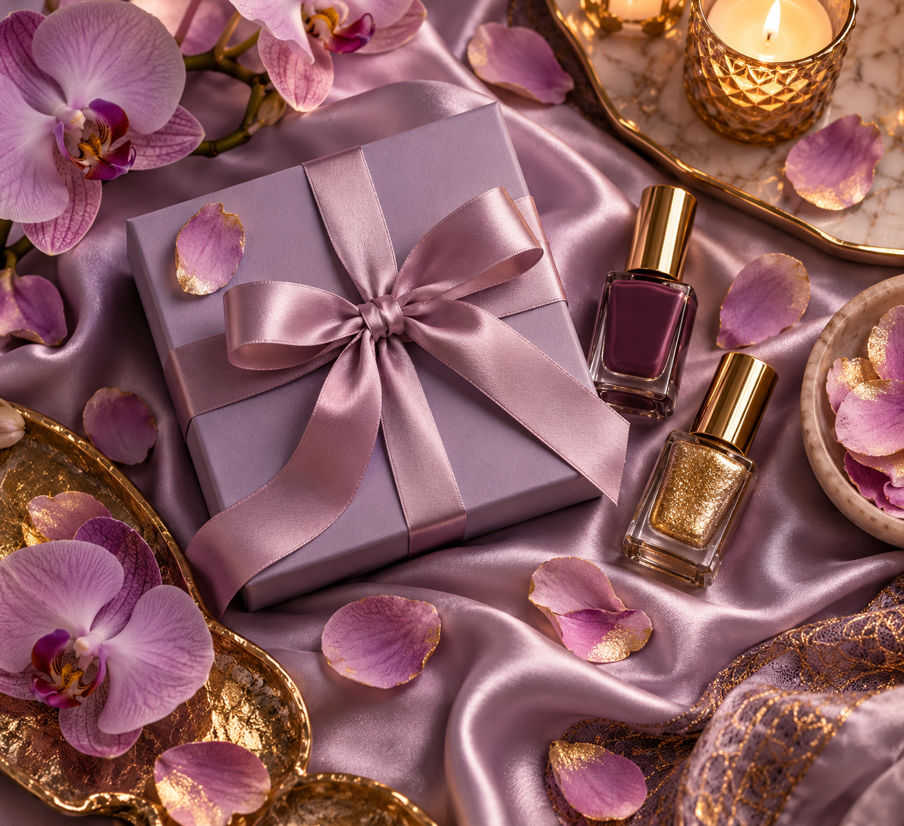 Illustrative flat lay of a lilac gift box with satin ribbon, orchid petals, and polish bottles